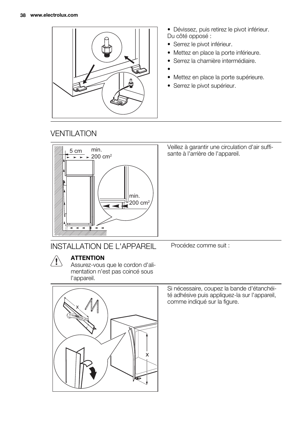 Ventilation, Installation de l'appareil | Electrolux EJN 2301 AOW User Manual | Page 38 / 96