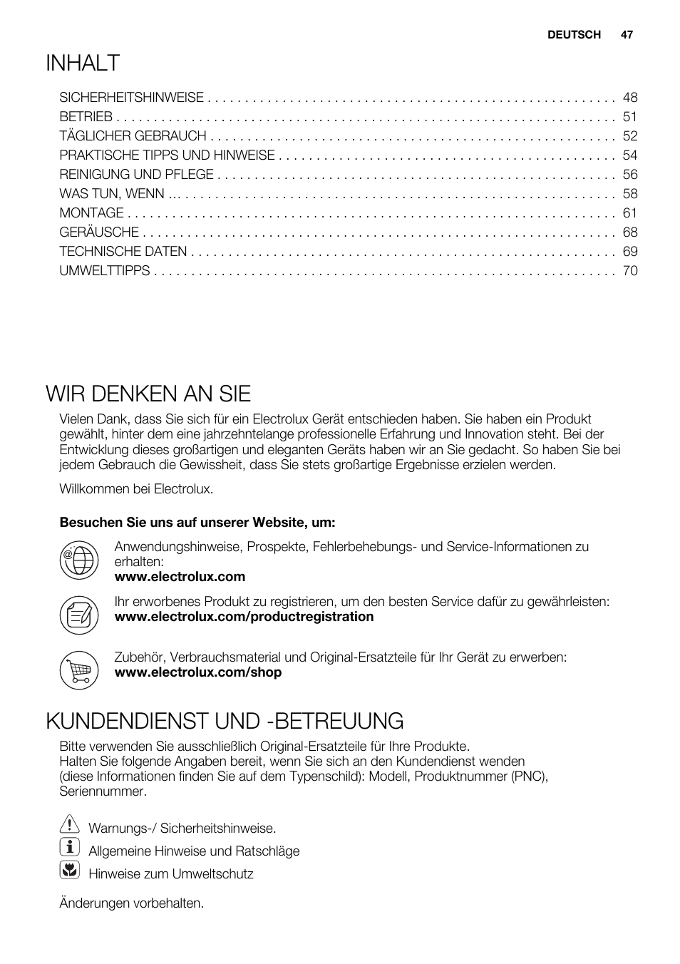 Inhalt, Wir denken an sie, Kundendienst und -betreuung | Electrolux EJN 2301 AOW User Manual | Page 47 / 96