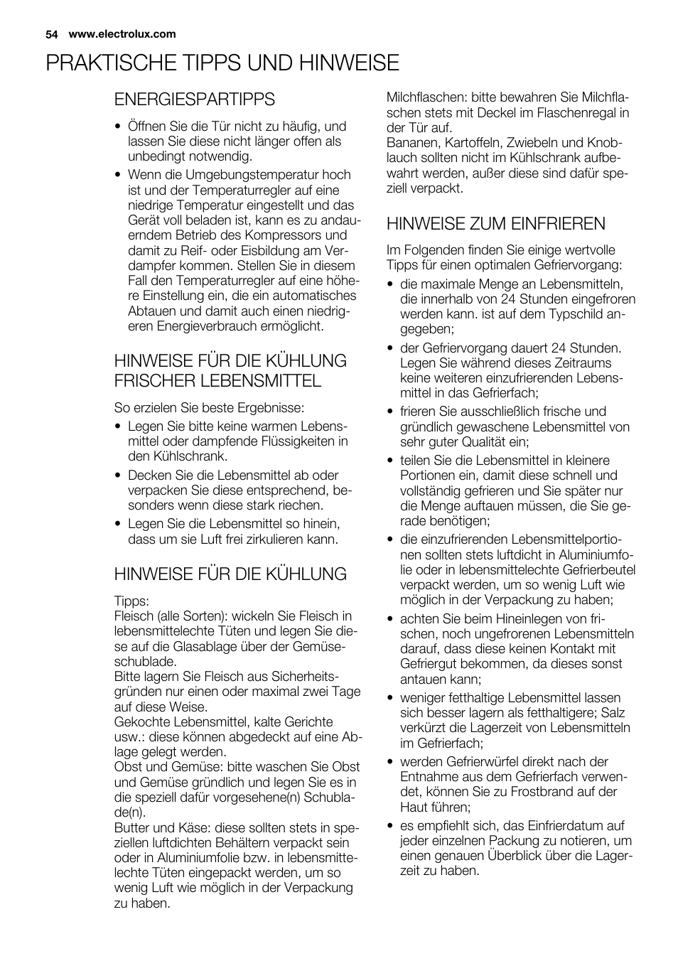 Praktische tipps und hinweise, Energiespartipps, Hinweise für die kühlung frischer lebensmittel | Hinweise für die kühlung, Hinweise zum einfrieren | Electrolux EJN 2301 AOW User Manual | Page 54 / 96