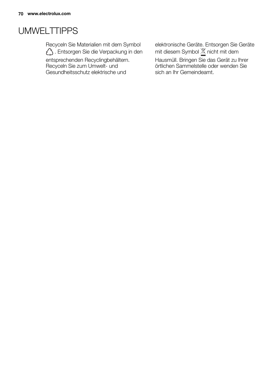 Umwelttipps | Electrolux EJN 2301 AOW User Manual | Page 70 / 96