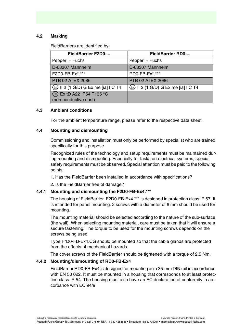 Marking, Ambient conditions, Mounting and dismounting | Mounting and dismounting the f2d0-fb-ex4, Mounting/dismounting of rd0-fb-ex4, Fieldbarrier | VEGA FIELDBARRIER User Manual | Page 9 / 36