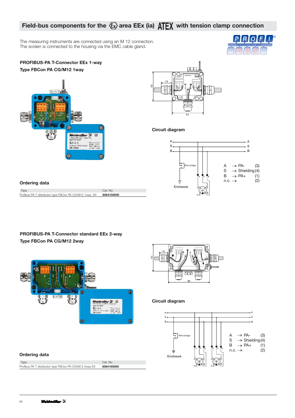 Circuit diagram, Ordering data, Apa- (3) s shielding (4) b pa+ (1) n.c. (2) | VEGA PROFIBUS PA T-Connector EEx (ia) User Manual | Page 3 / 8