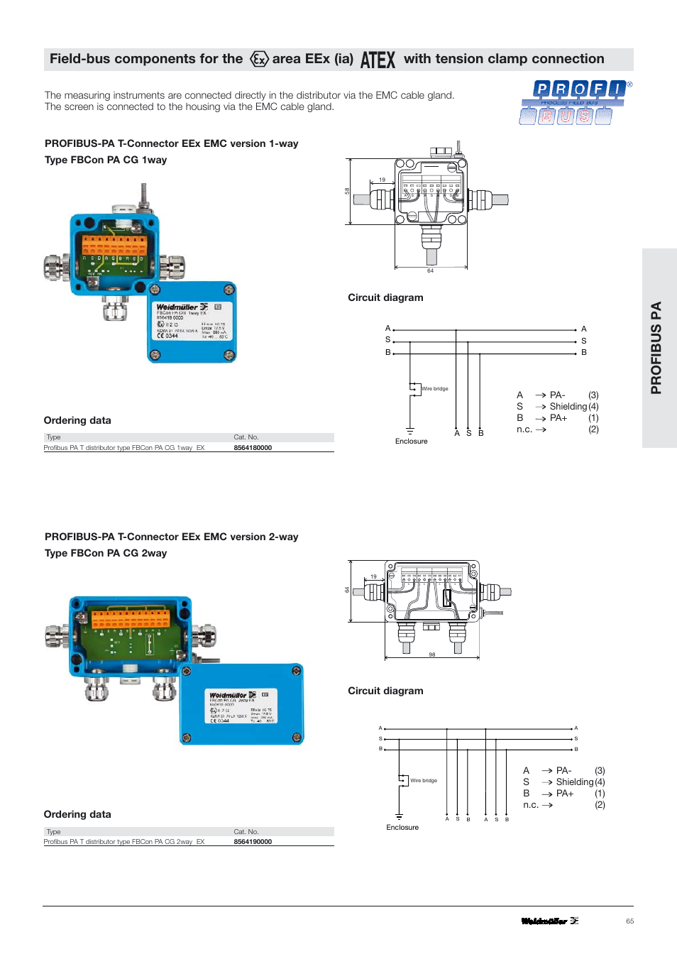 Profibus pa, Circuit diagram, Ordering data | Apa- (3) s shielding (4) b pa+ (1) n.c. (2) | VEGA PROFIBUS PA T-Connector EEx (ia) User Manual | Page 4 / 8