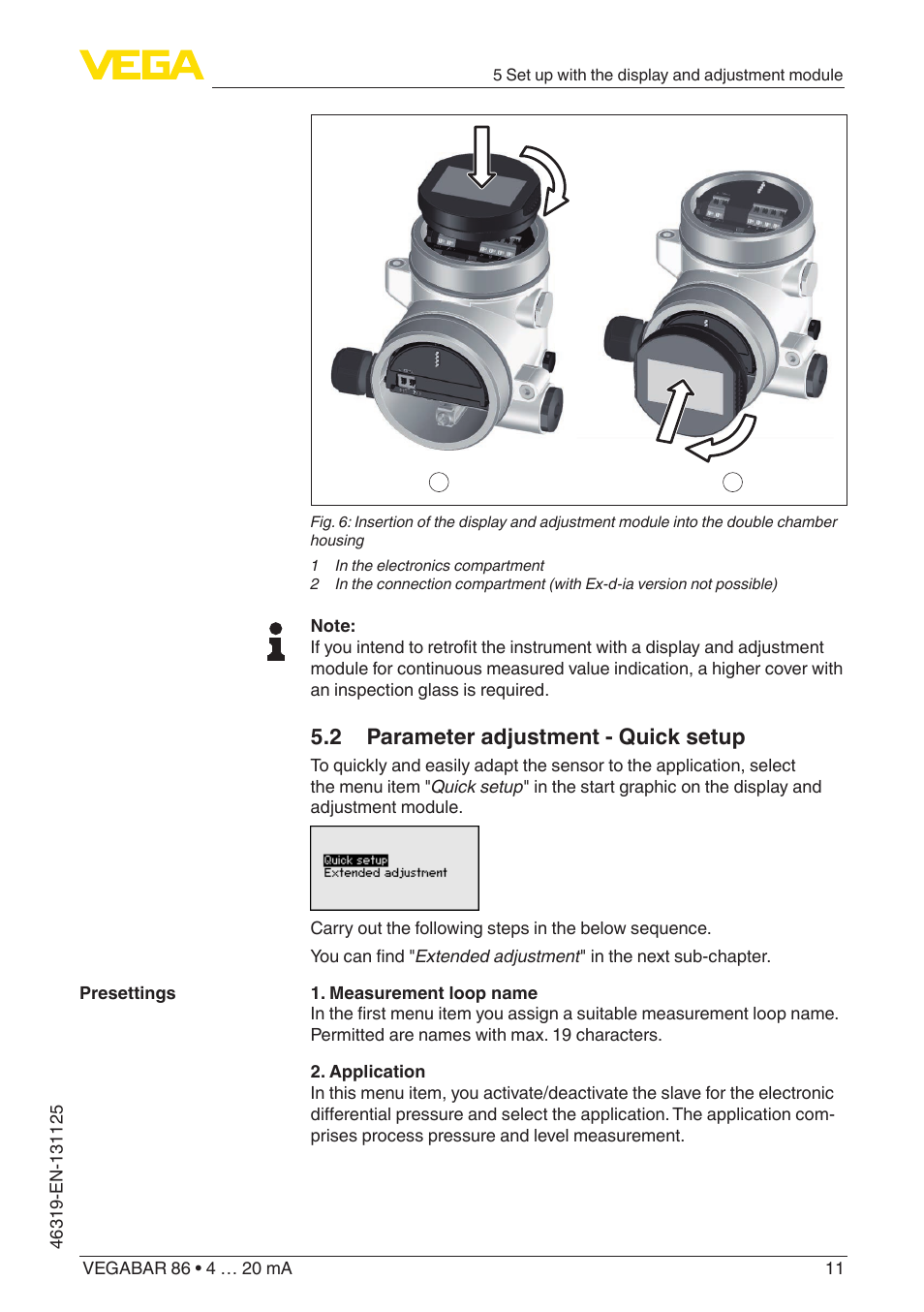 2 parameter adjustment - quick setup | VEGA VEGABAR 86 4 … 20 mA - Quick setup guide User Manual | Page 11 / 16