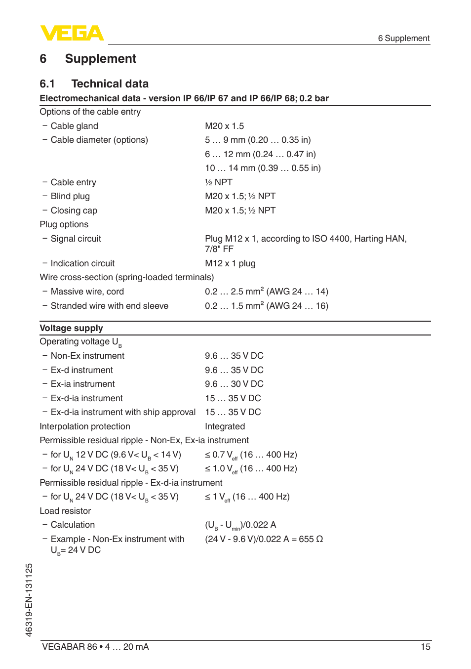 6 supplement, 1 technical data | VEGA VEGABAR 86 4 … 20 mA - Quick setup guide User Manual | Page 15 / 16