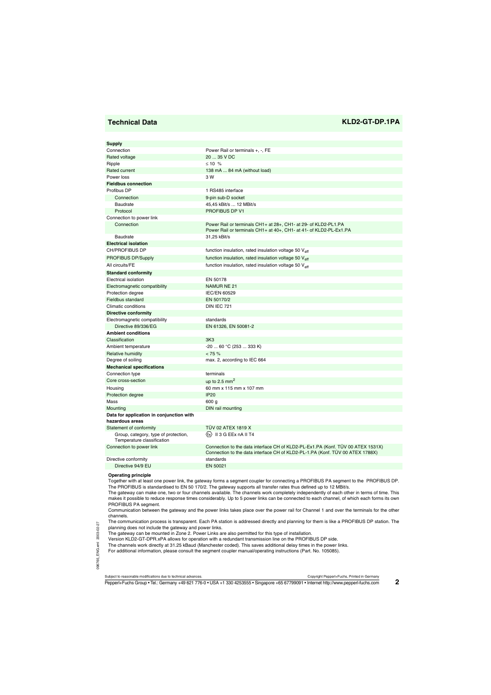 Technical data kld2-gt-dp.1pa | VEGA KLD2-GT-DP.1PA Gateway for PROFIBUS DP-PA segment coupler SK2 User Manual | Page 2 / 3