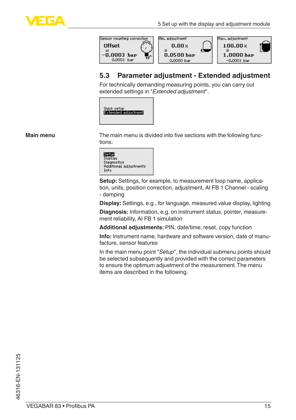3 parameter adjustment - extended adjustment | VEGA VEGABAR 83 Profibus PA - Quick setup guide User Manual | Page 15 / 20