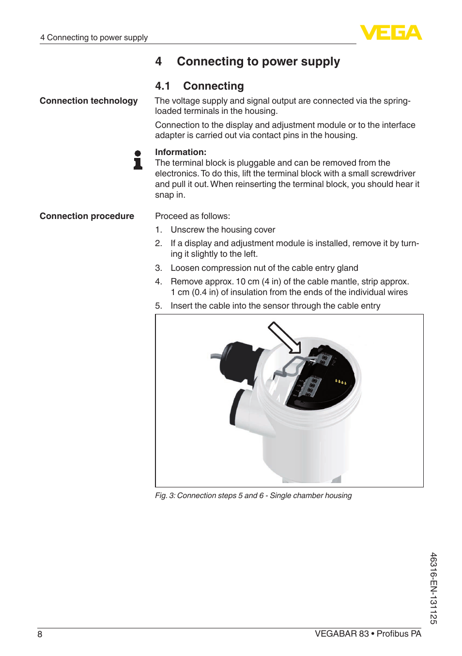 4 connecting to power supply, 1 connecting | VEGA VEGABAR 83 Profibus PA - Quick setup guide User Manual | Page 8 / 20