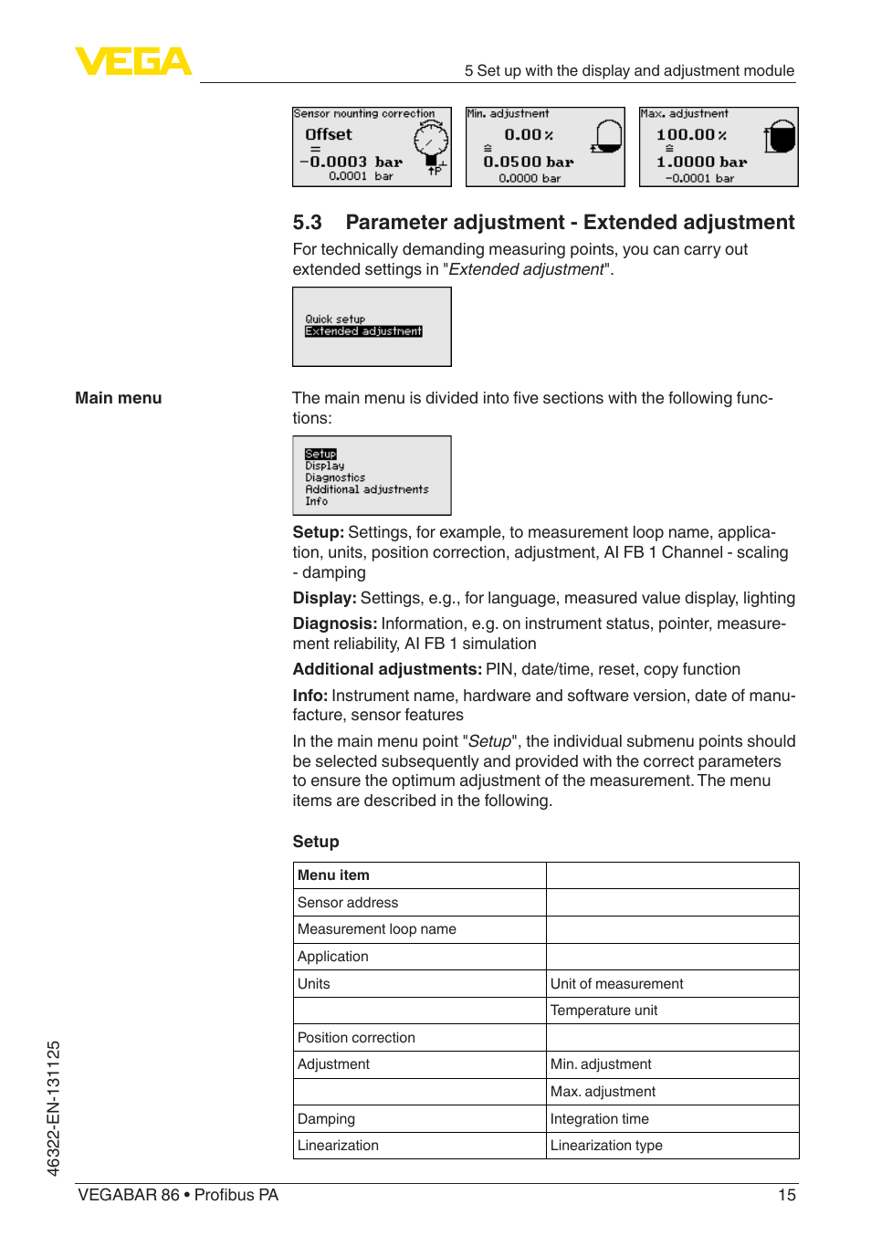 3 parameter adjustment - extended adjustment | VEGA VEGABAR 86 Profibus PA - Quick setup guide User Manual | Page 15 / 20