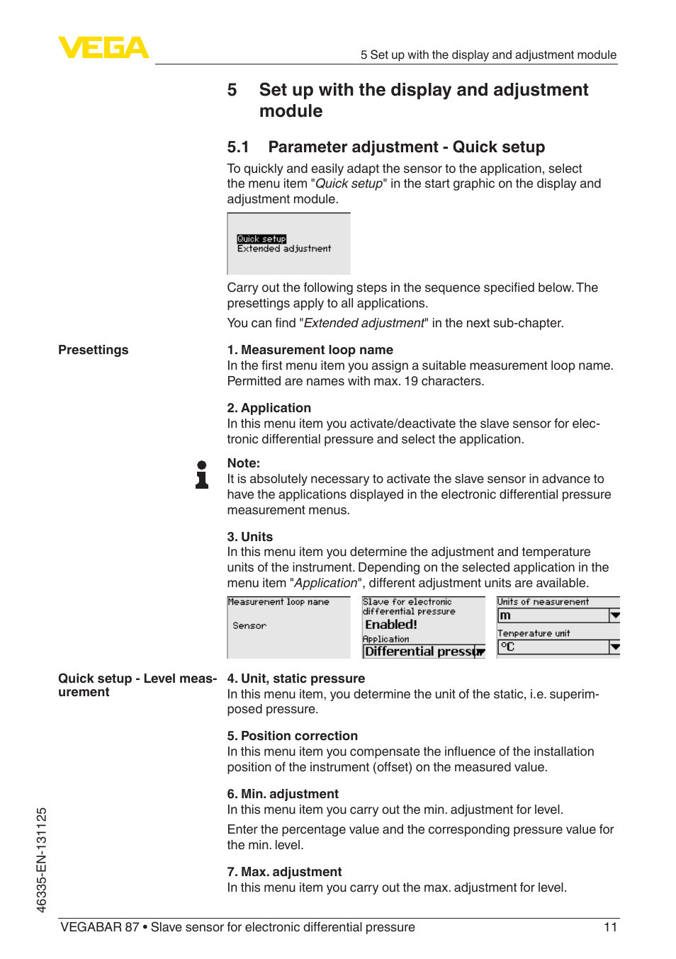 5 set up with the display and adjustment module, 1 parameter adjustment - quick setup | VEGA VEGABAR 87 Save sensor - Quick setup guide User Manual | Page 11 / 20