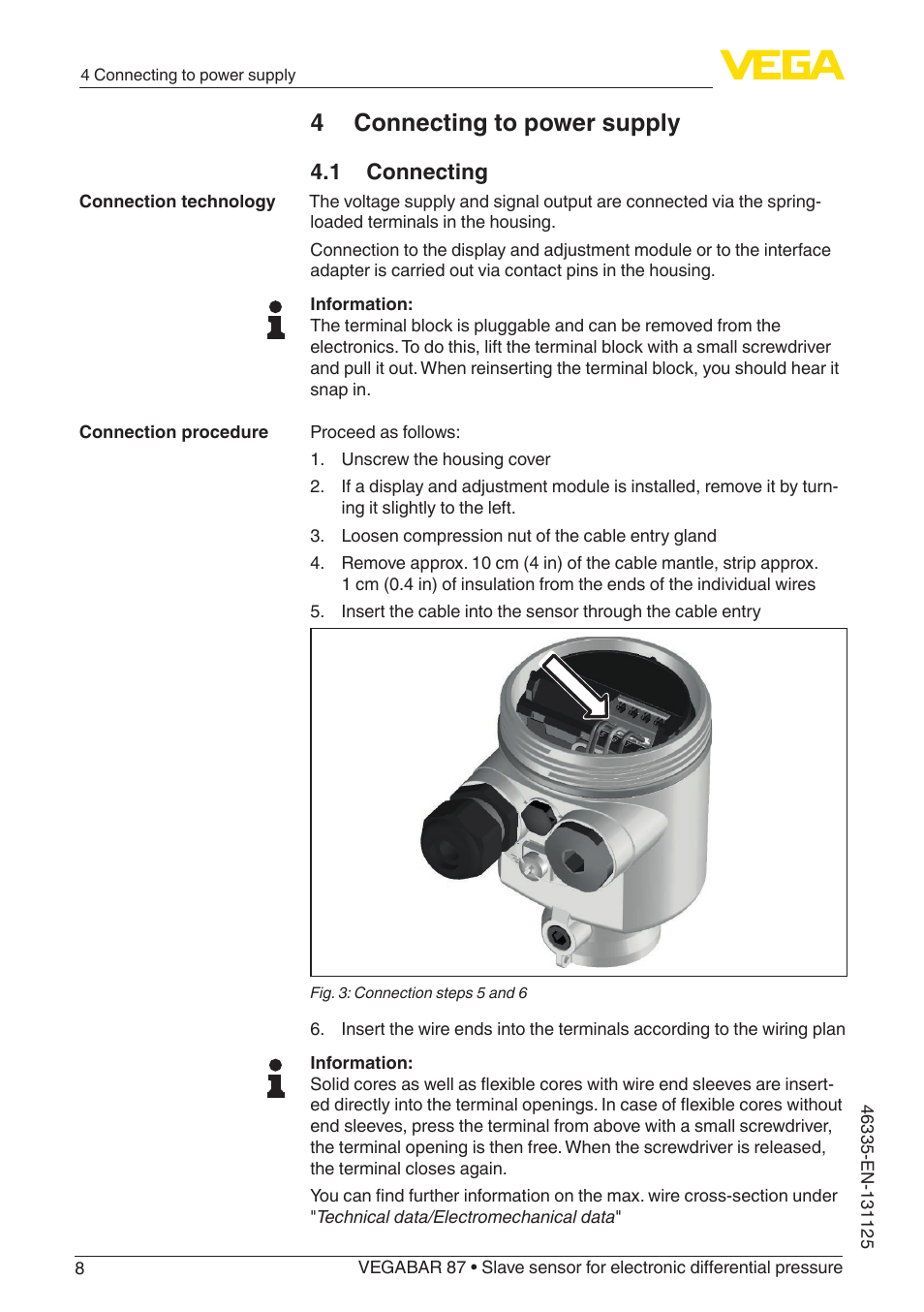 4 connecting to power supply, 1 connecting | VEGA VEGABAR 87 Save sensor - Quick setup guide User Manual | Page 8 / 20