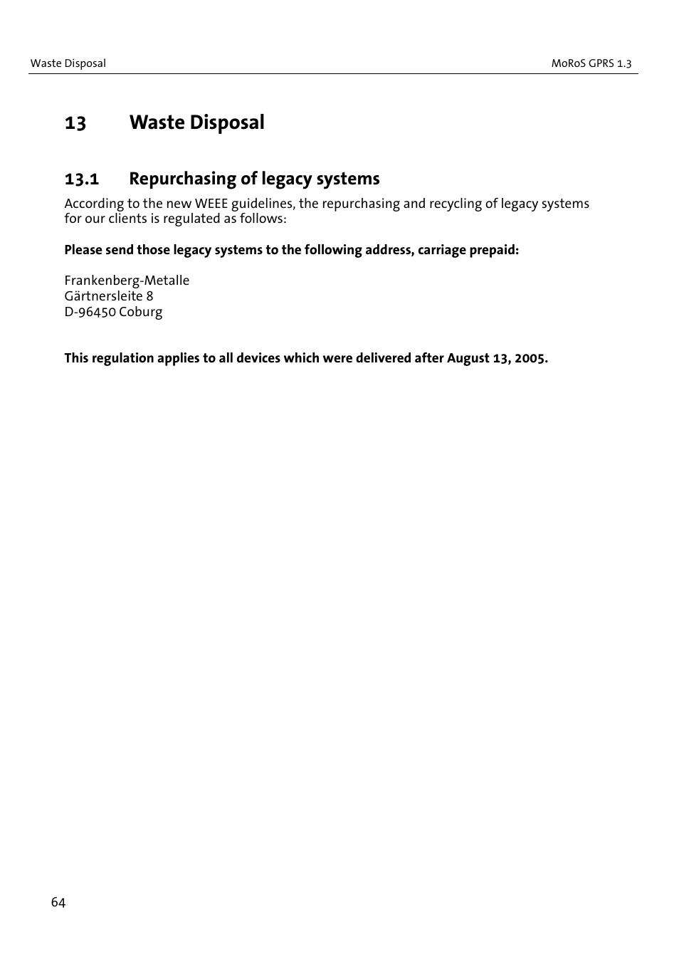 13 waste disposal, 1 repurchasing of legacy systems | VEGA MoRoS GPRS 1.3 User Manual | Page 64 / 82