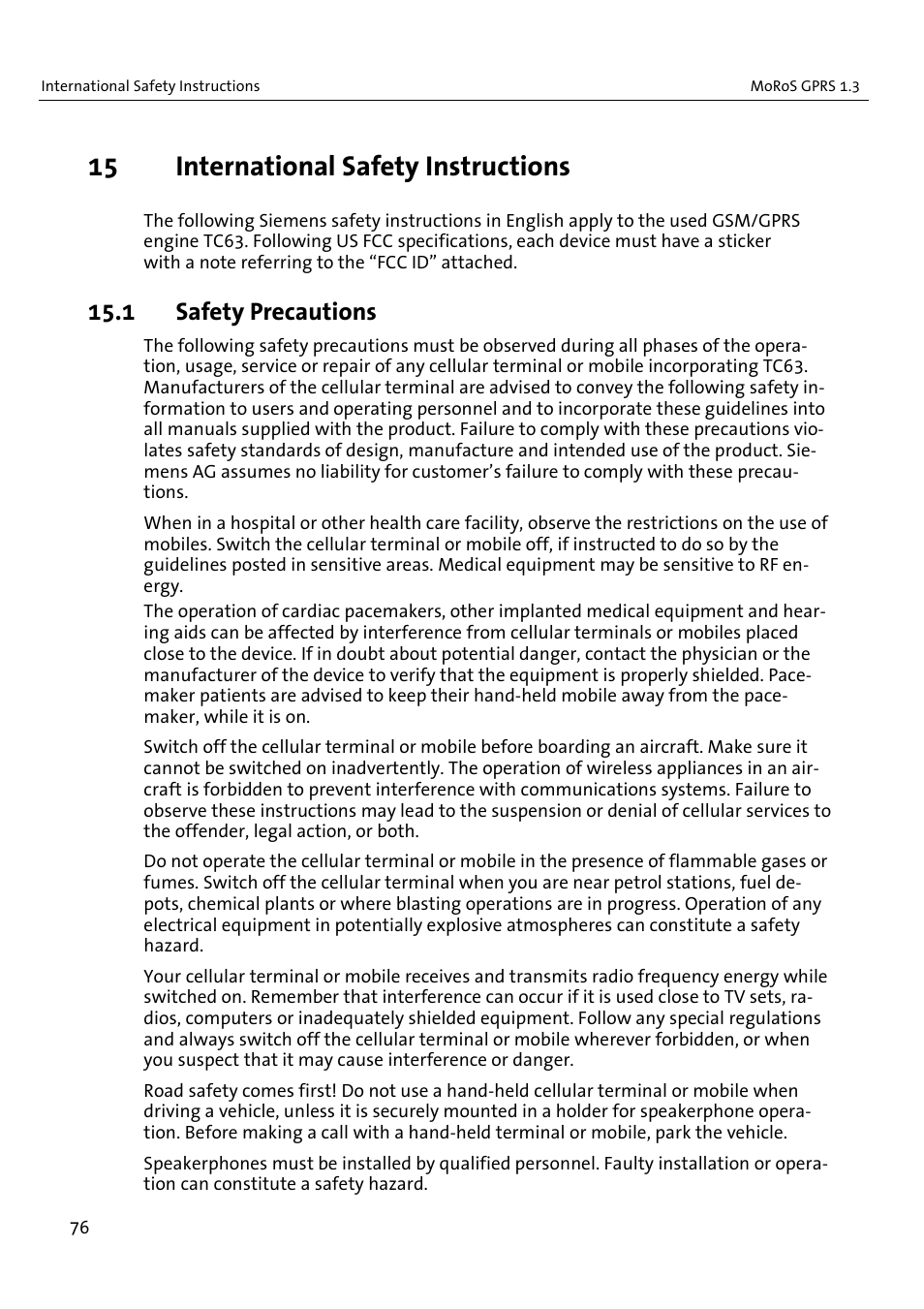 15 international safety instructions, 1 safety precautions | VEGA MoRoS GPRS 1.3 User Manual | Page 76 / 82