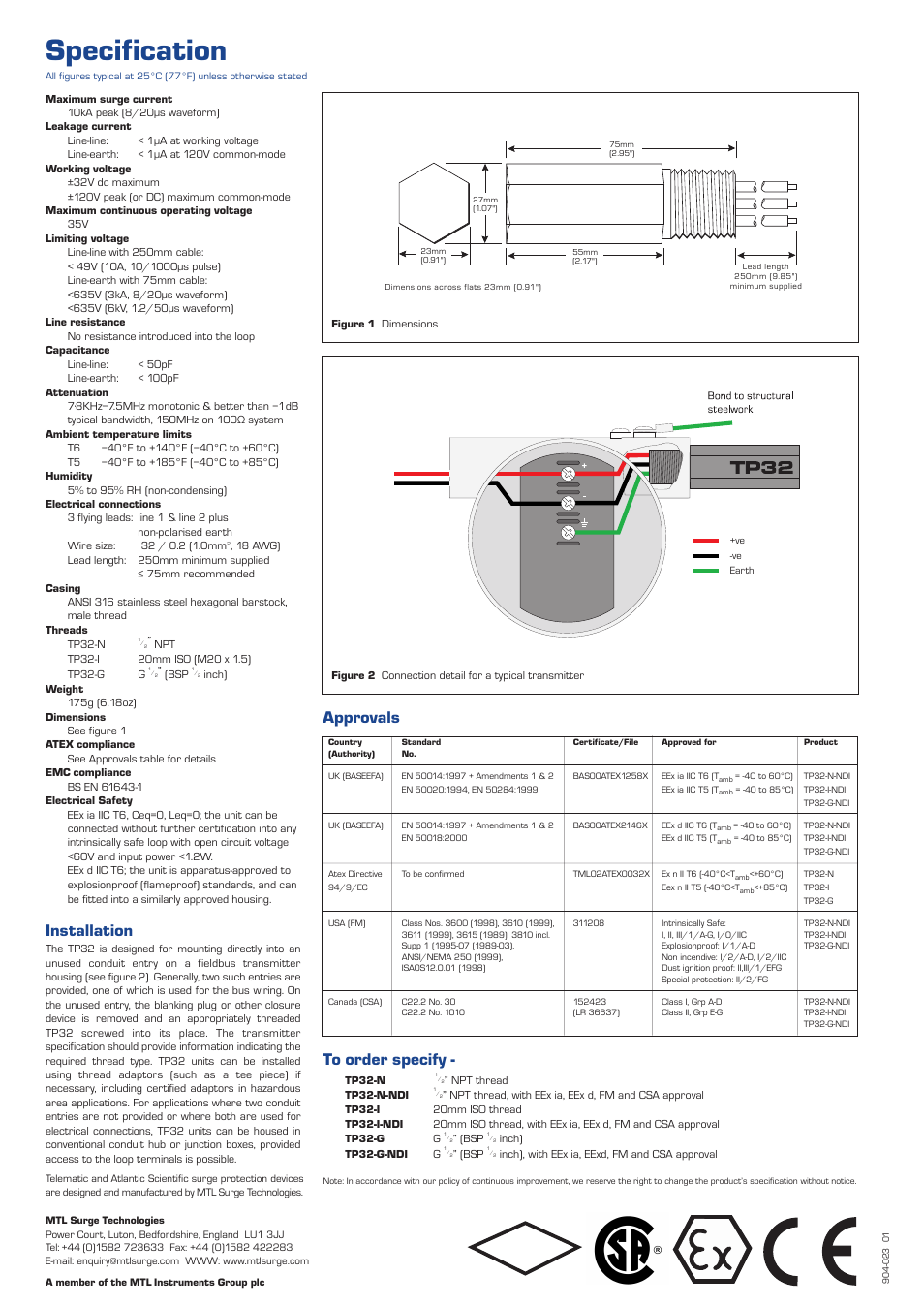 Specification, Installation, Approvals to order specify | VEGA TP32 Series User Manual | Page 2 / 2