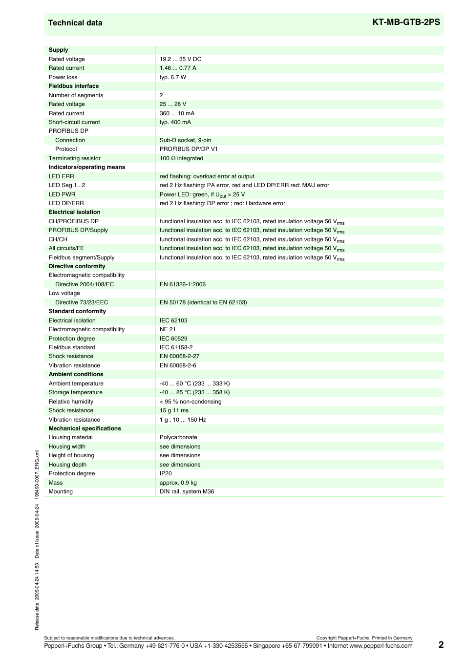Kt-mb-gtb-2ps, Technical data | VEGA KT-MB-GTB-2PS Compact PROFIBUS Power Hub User Manual | Page 2 / 3