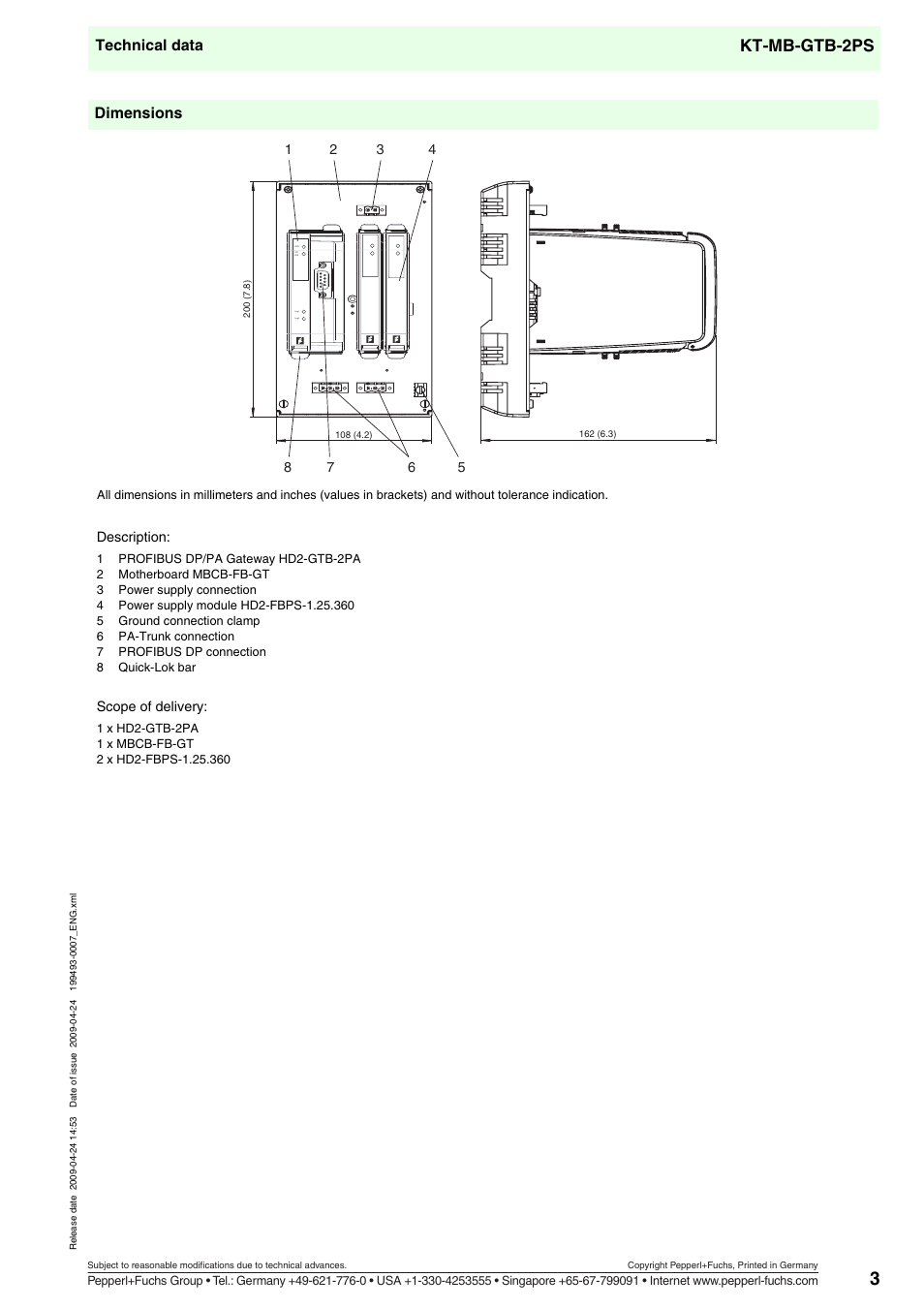 Kt-mb-gtb-2ps, Technical data, Dimensions | Description, Scope of delivery | VEGA KT-MB-GTB-2PS Compact PROFIBUS Power Hub User Manual | Page 3 / 3