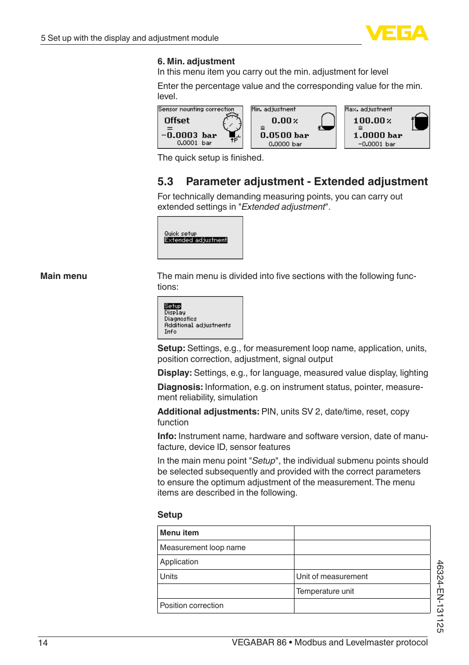 3 parameter adjustment - extended adjustment | VEGA VEGABAR 86 Modbus and Levelmaster protocol - Quick setup guide User Manual | Page 14 / 20