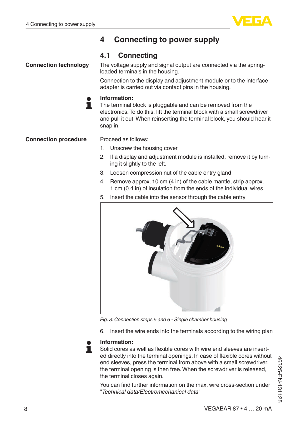 4 connecting to power supply, 1 connecting | VEGA VEGABAR 87 4 … 20 mA - Quick setup guide User Manual | Page 8 / 16