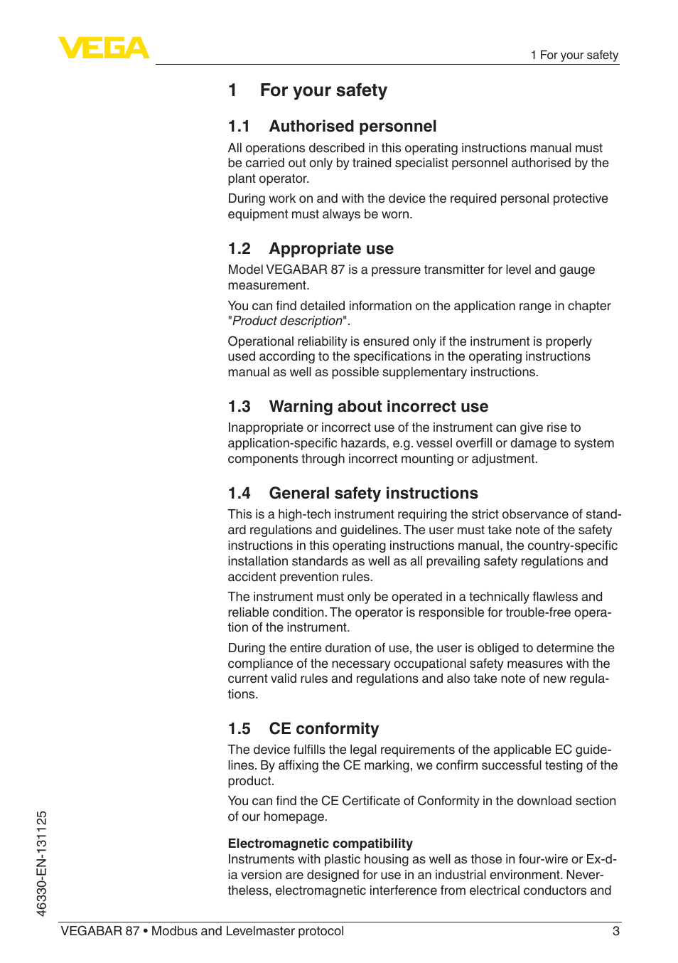 1 for your safety | VEGA VEGABAR 87 Modbus and Levelmaster protocol - Quick setup guide User Manual | Page 3 / 20