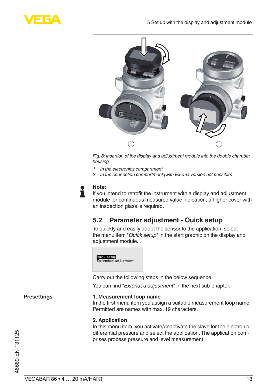 2 parameter adjustment - quick setup | VEGA VEGABAR 86 4 … 20 mA_HART - Quick setup guide User Manual | Page 13 / 20