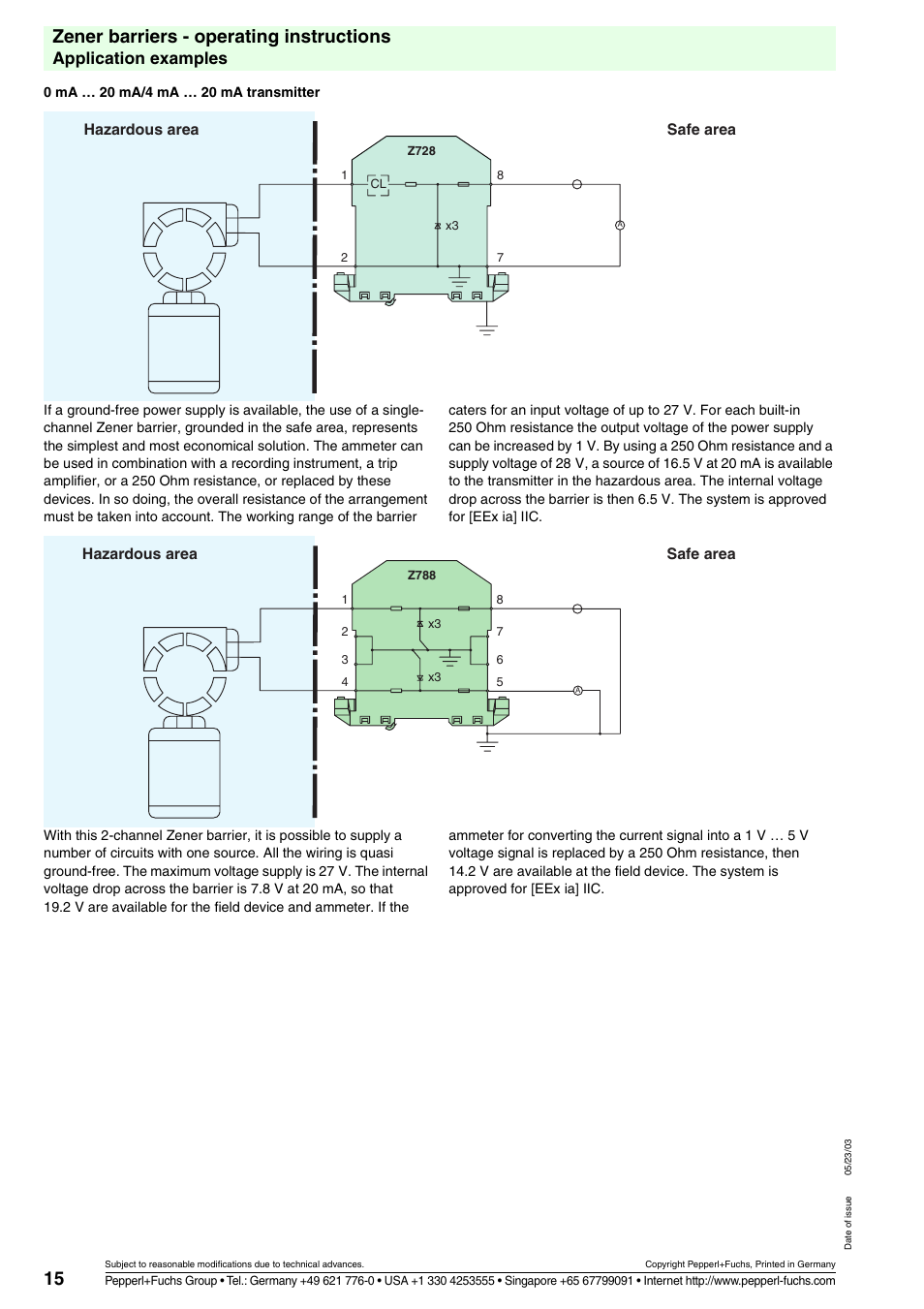 15 zener barriers - operating instructions, Application examples, Hazardous area safe area | VEGA Z728 Zener barriers User Manual | Page 15 / 23