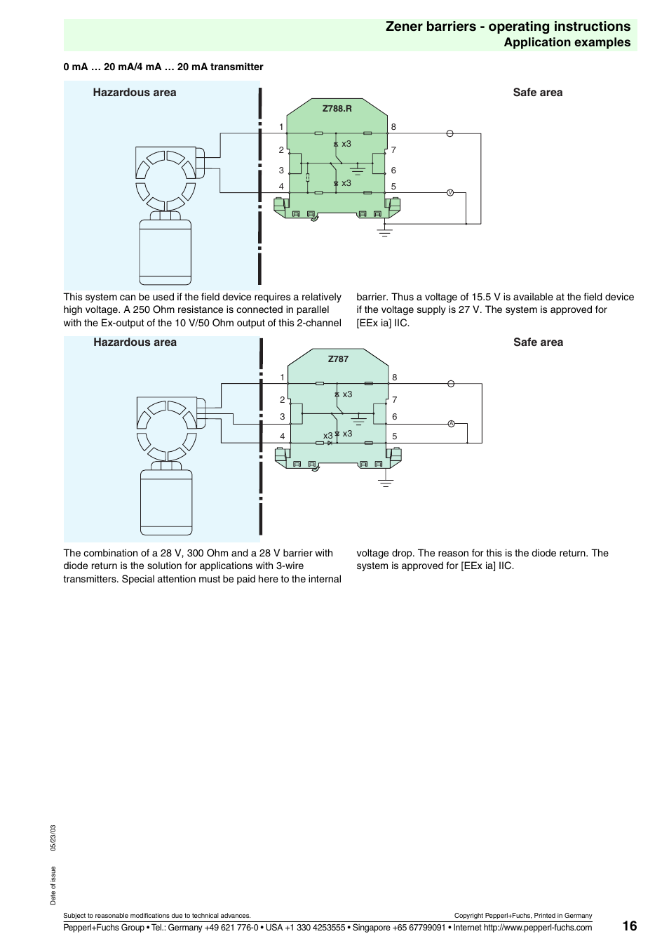 16 zener barriers - operating instructions, Application examples, Hazardous area safe area | VEGA Z728 Zener barriers User Manual | Page 16 / 23