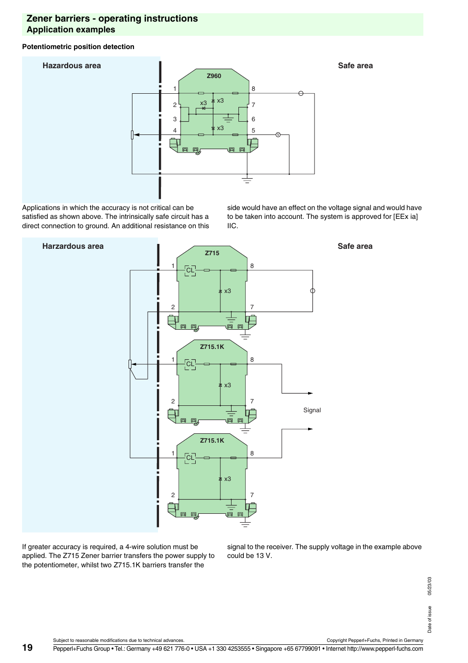 19 zener barriers - operating instructions, Application examples, Hazardous area safe area | Harzardous area safe area | VEGA Z728 Zener barriers User Manual | Page 19 / 23