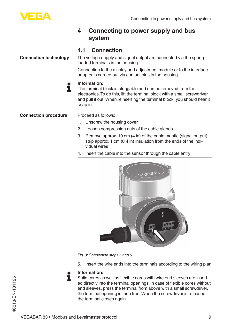 4 connecting to power supply and bus system, 1 connection | VEGA VEGABAR 83 Modbus and Levelmaster protocol - Quick setup guide User Manual | Page 9 / 20
