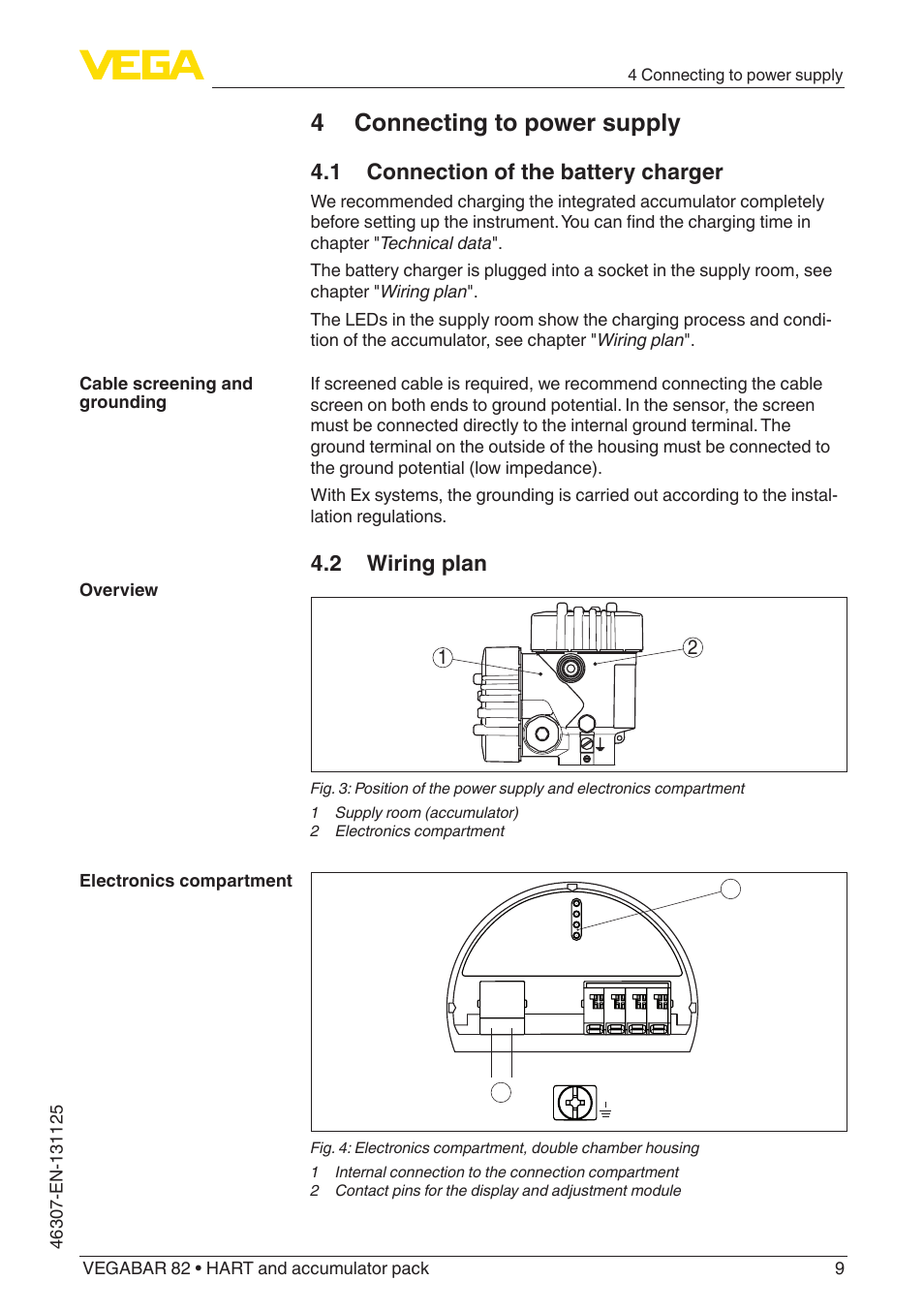 4 connecting to power supply, 1 connection of the battery charger, 2 wiring plan | VEGA VEGABAR 82 HART and accumulator pack - Quick setup guide User Manual | Page 9 / 20