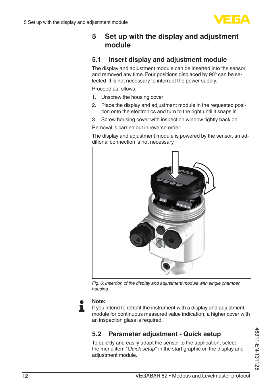 5 set up with the display and adjustment module | VEGA VEGABAR 82 Modbus and Levelmaster protocol - Quick setup guide User Manual | Page 12 / 20