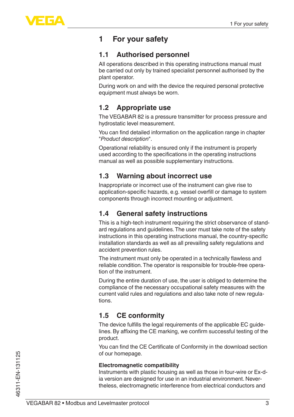 1 for your safety | VEGA VEGABAR 82 Modbus and Levelmaster protocol - Quick setup guide User Manual | Page 3 / 20