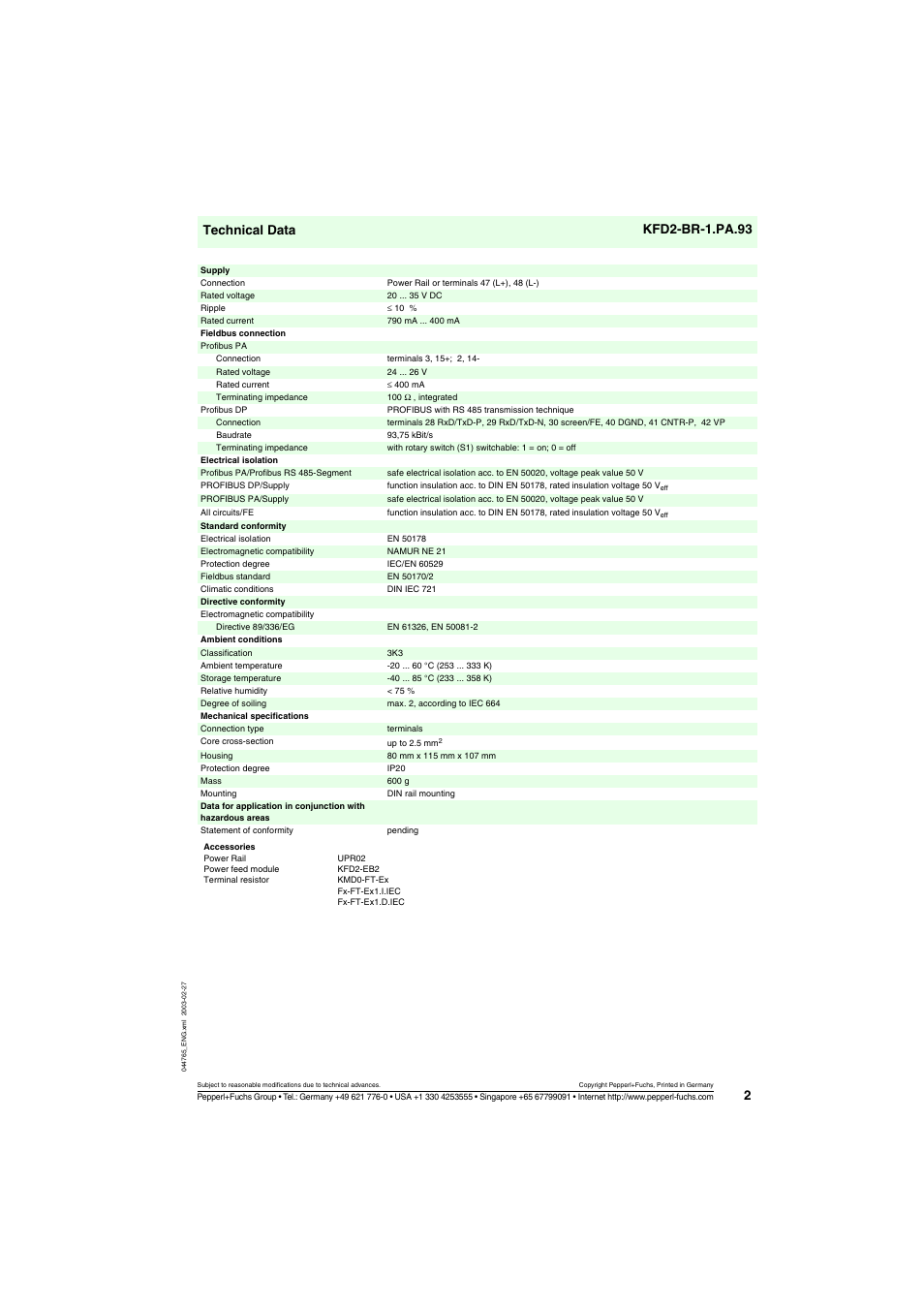 Technical data kfd2-br-1.pa.93 | VEGA KFD2-BR-1.PA.93 Segment coupler for PROFIBUS PA User Manual | Page 2 / 3