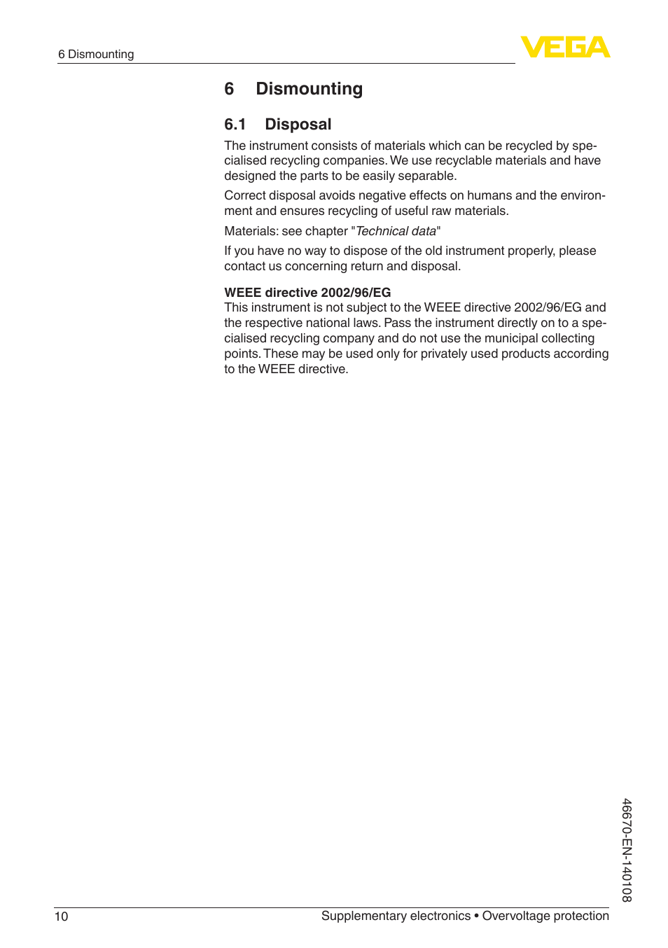6 dismounting, 1 disposal | VEGA Supplementary electronics Overvoltage protection User Manual | Page 10 / 12