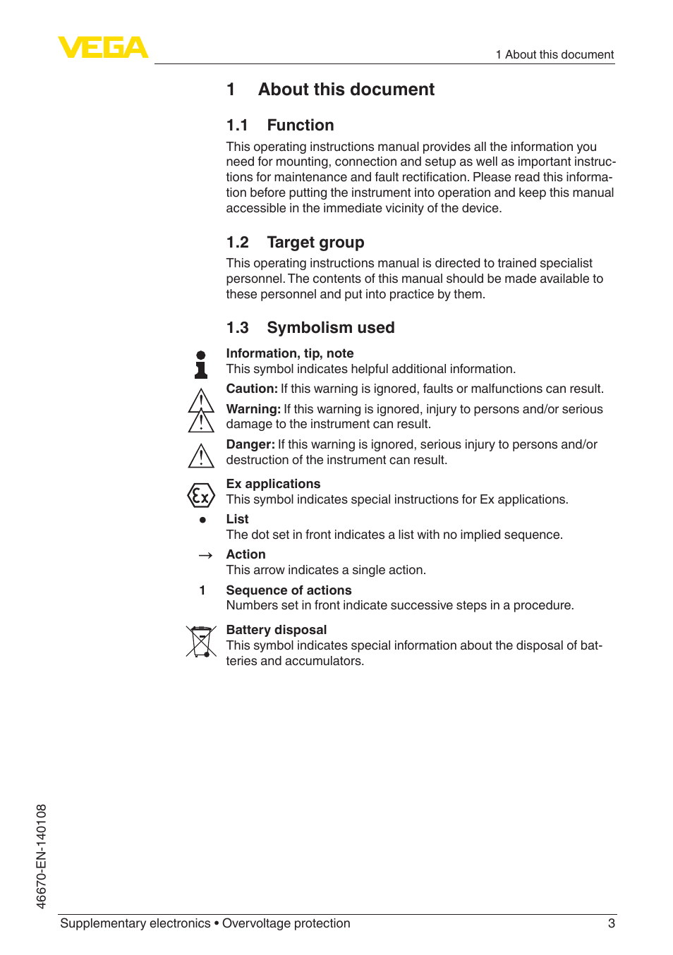 1 about this document, 1 function, 2 target group | 3 symbolism used | VEGA Supplementary electronics Overvoltage protection User Manual | Page 3 / 12