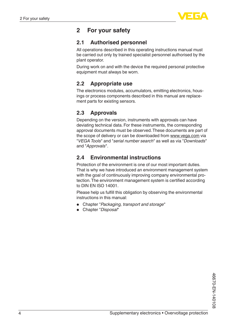 2 for your safety, 1 authorised personnel, 2 appropriate use | 3 approvals, 4 environmental instructions | VEGA Supplementary electronics Overvoltage protection User Manual | Page 4 / 12