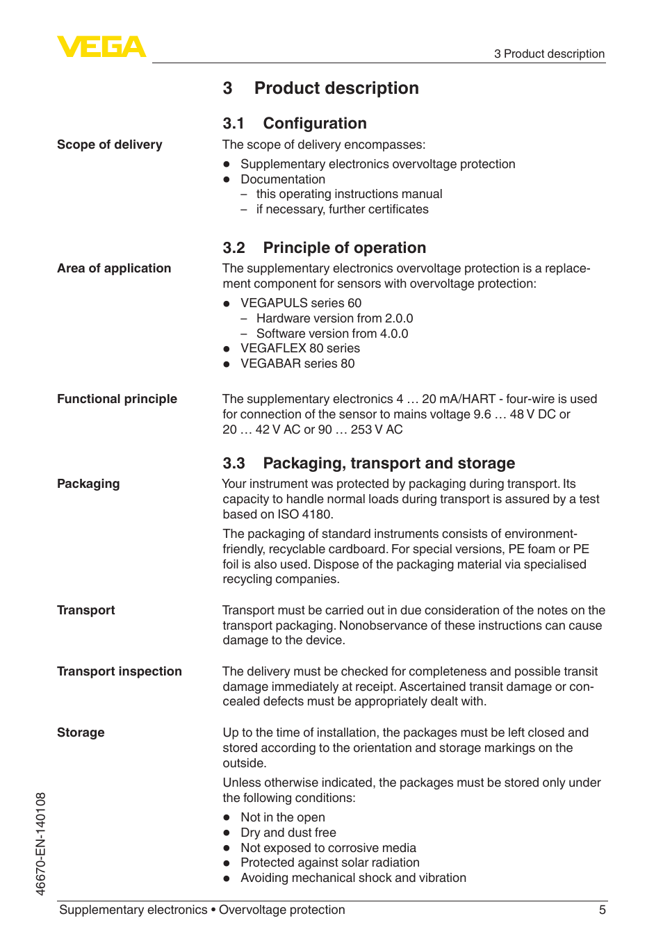 3 product description, 1 configuration, 2 principle of operation | 3 packaging, transport and storage | VEGA Supplementary electronics Overvoltage protection User Manual | Page 5 / 12