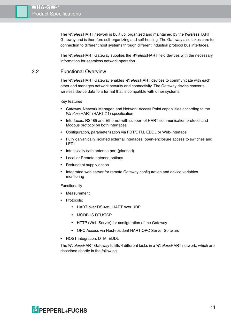 2 functional overview, Wha-gw, Product specifications | VEGA WHA-GW-WIRELESSHART GATEWAY User Manual | Page 11 / 96