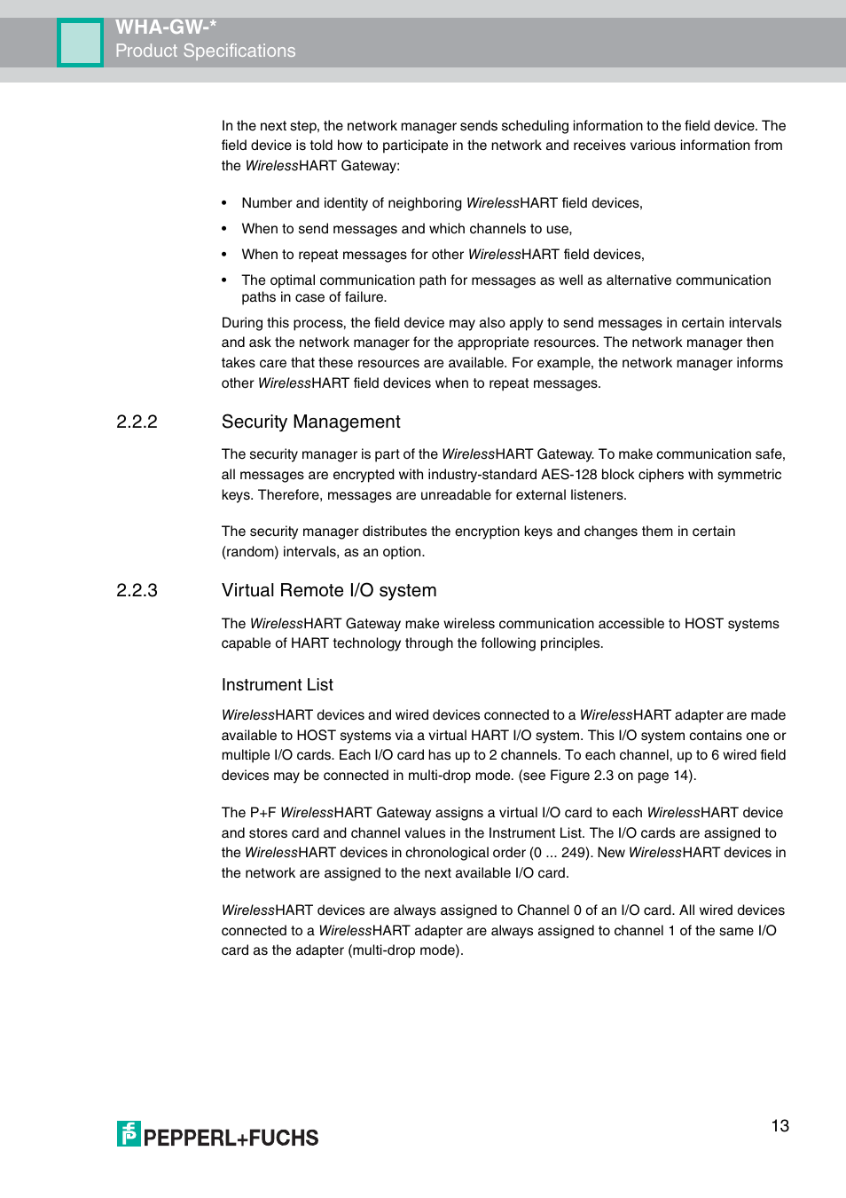 Wha-gw, Product specifications, 2 security management | 3 virtual remote i/o system, Instrument list | VEGA WHA-GW-WIRELESSHART GATEWAY User Manual | Page 13 / 96