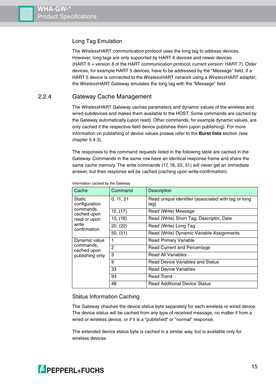 Wha-gw, Product specifications, 4 gateway cache management | 15 long tag emulation, Status information caching | VEGA WHA-GW-WIRELESSHART GATEWAY User Manual | Page 15 / 96