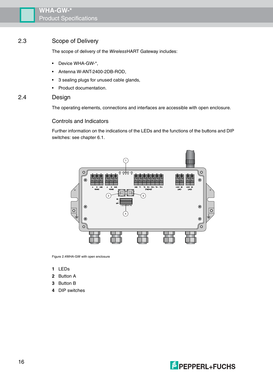 3 scope of delivery, 4 design, Wha-gw | Product specifications 2.3 scope of delivery, Controls and indicators | VEGA WHA-GW-WIRELESSHART GATEWAY User Manual | Page 16 / 96