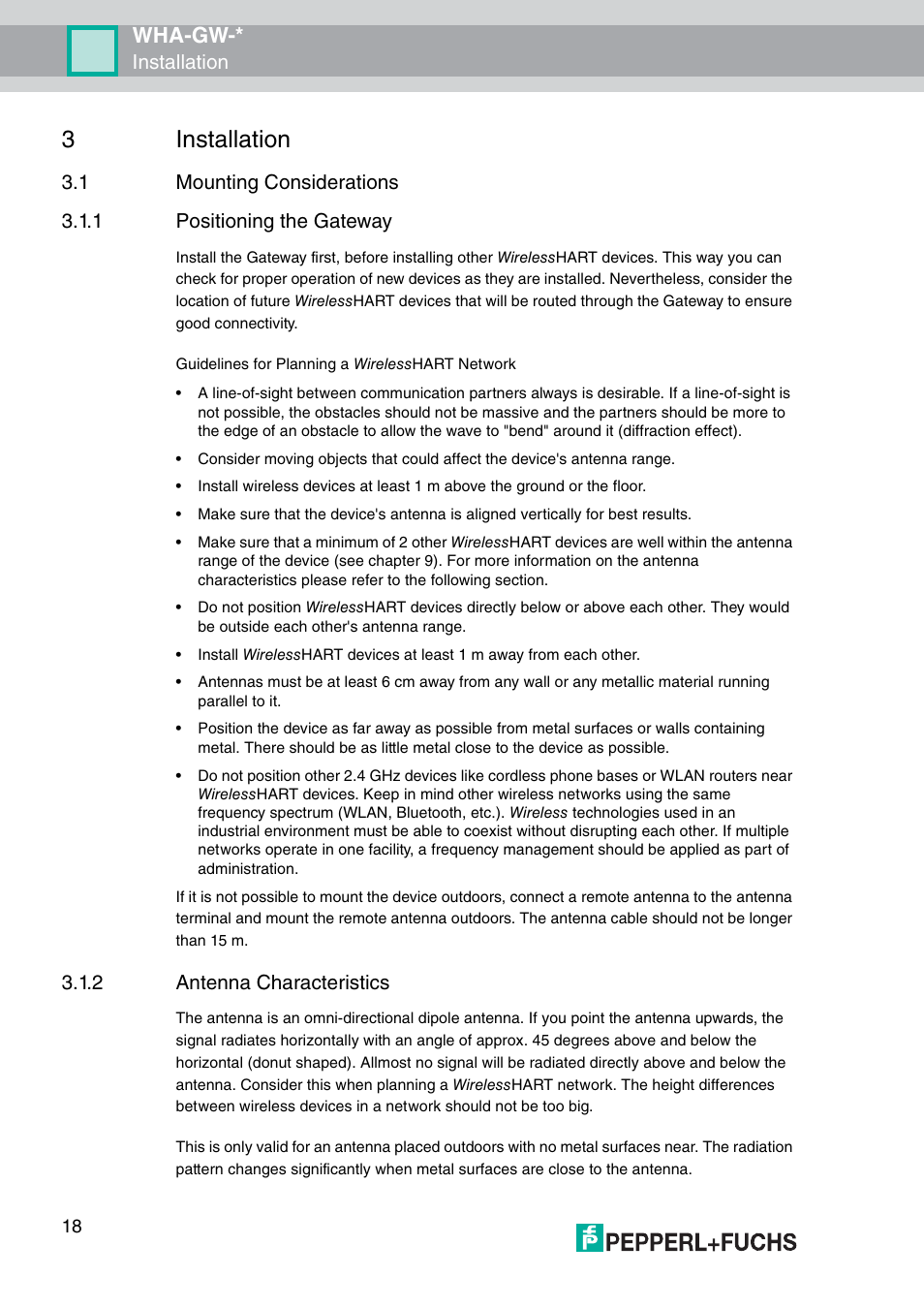 3 installation, 1 mounting considerations, 3installation | Wha-gw, Installation, 2 antenna characteristics | VEGA WHA-GW-WIRELESSHART GATEWAY User Manual | Page 18 / 96