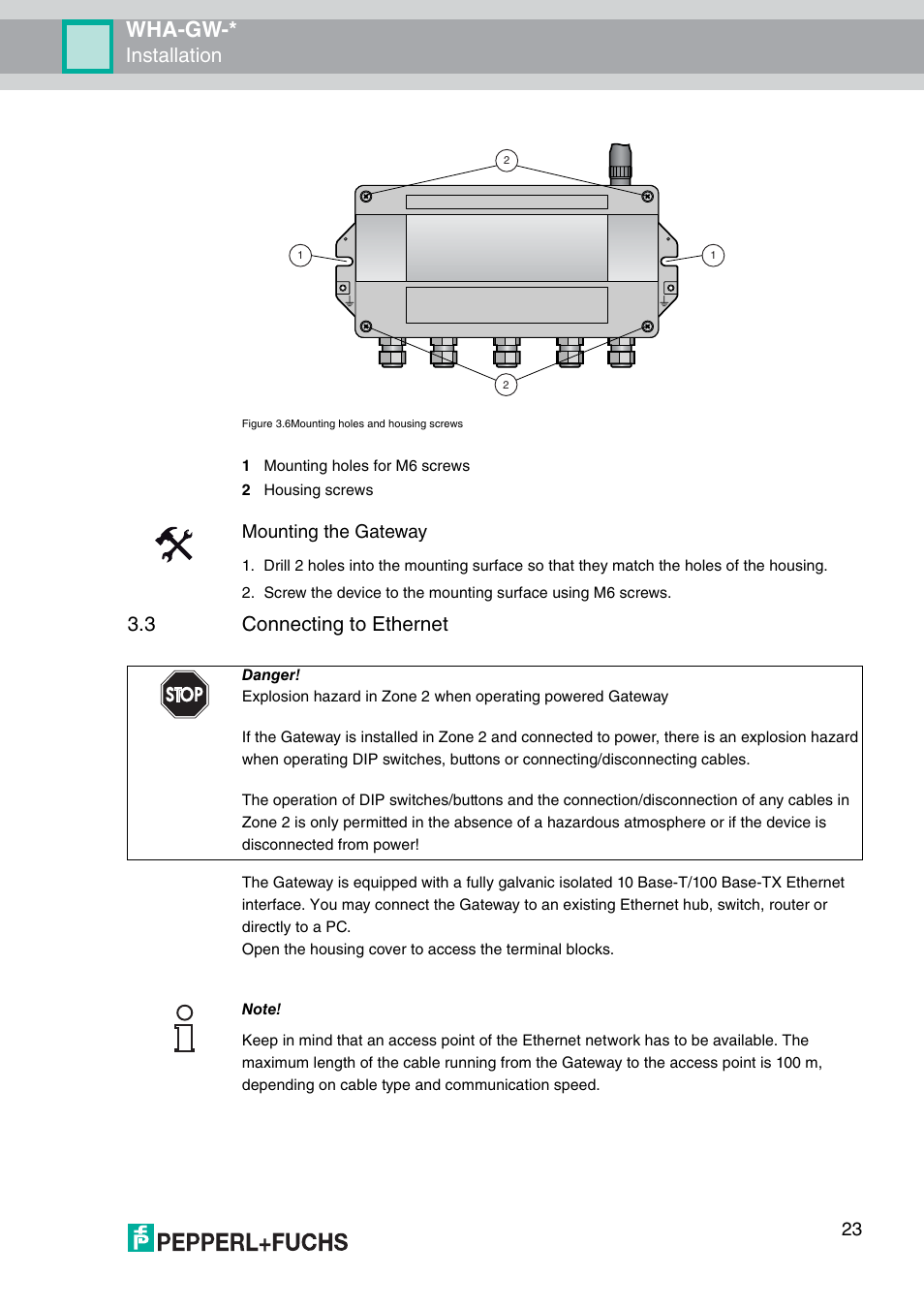 3 connecting to ethernet, Wha-gw, Installation | Mounting the gateway | VEGA WHA-GW-WIRELESSHART GATEWAY User Manual | Page 23 / 96