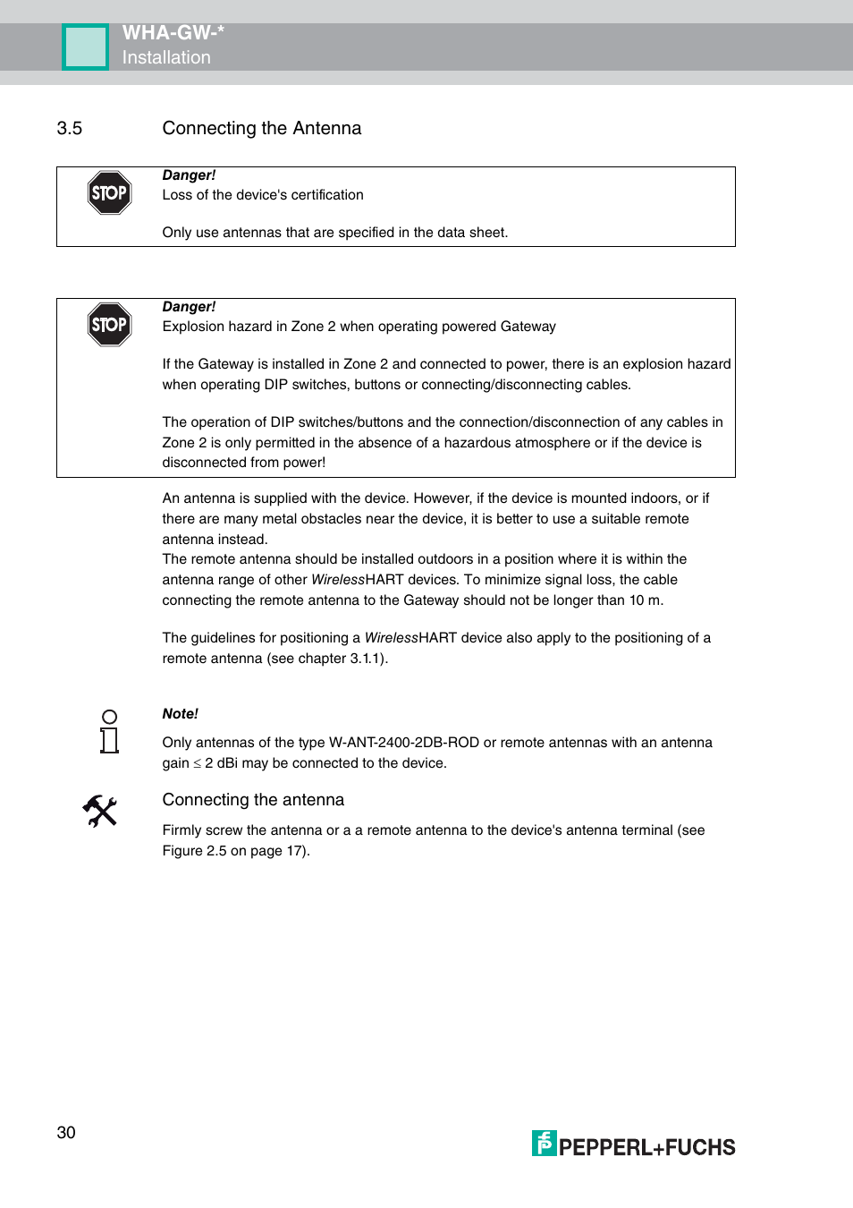 5 connecting the antenna, Wha-gw, Installation 3.5 connecting the antenna | Connecting the antenna | VEGA WHA-GW-WIRELESSHART GATEWAY User Manual | Page 30 / 96