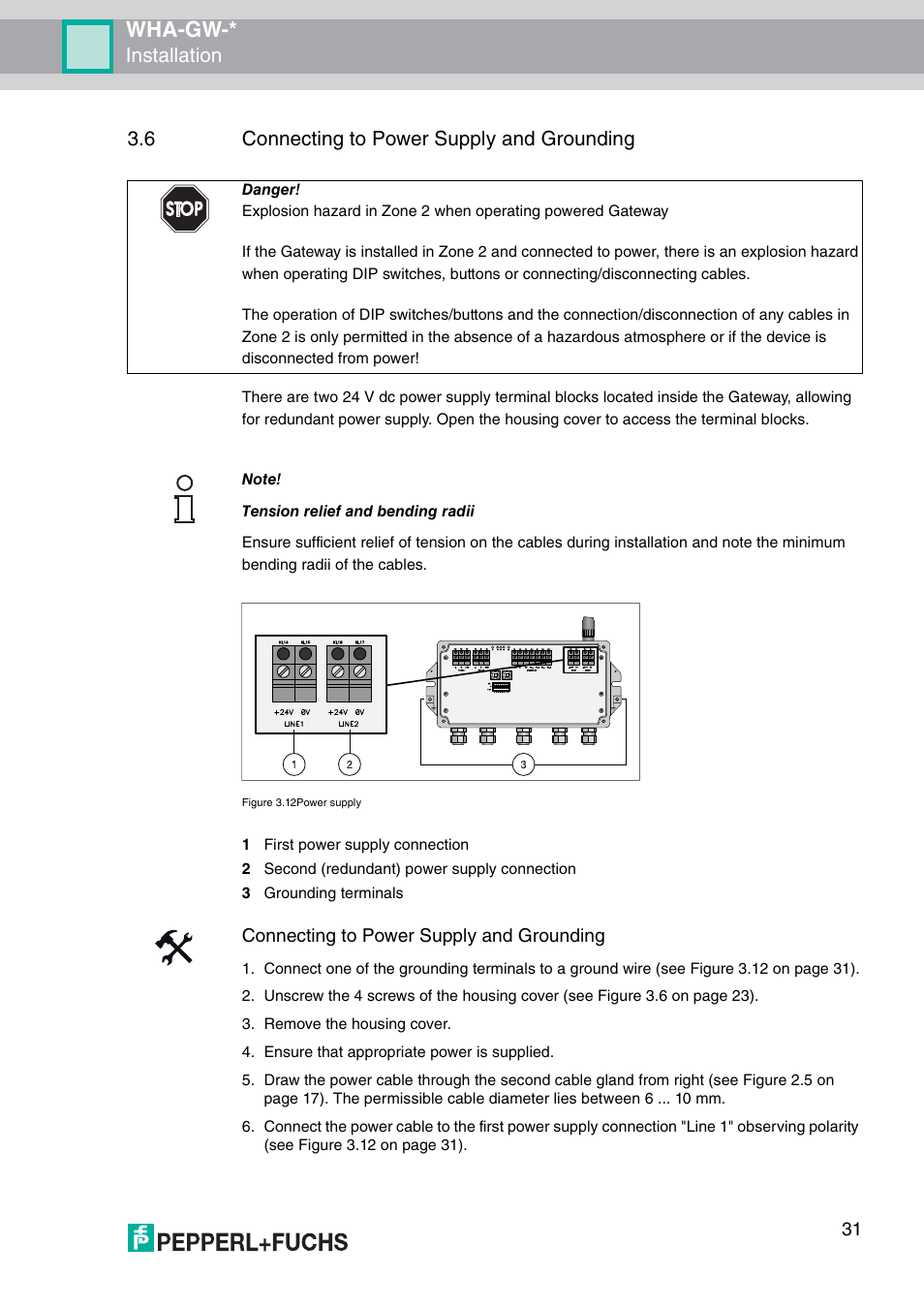 6 connecting to power supply and grounding, Wha-gw, Installation | Connecting to power supply and grounding | VEGA WHA-GW-WIRELESSHART GATEWAY User Manual | Page 31 / 96