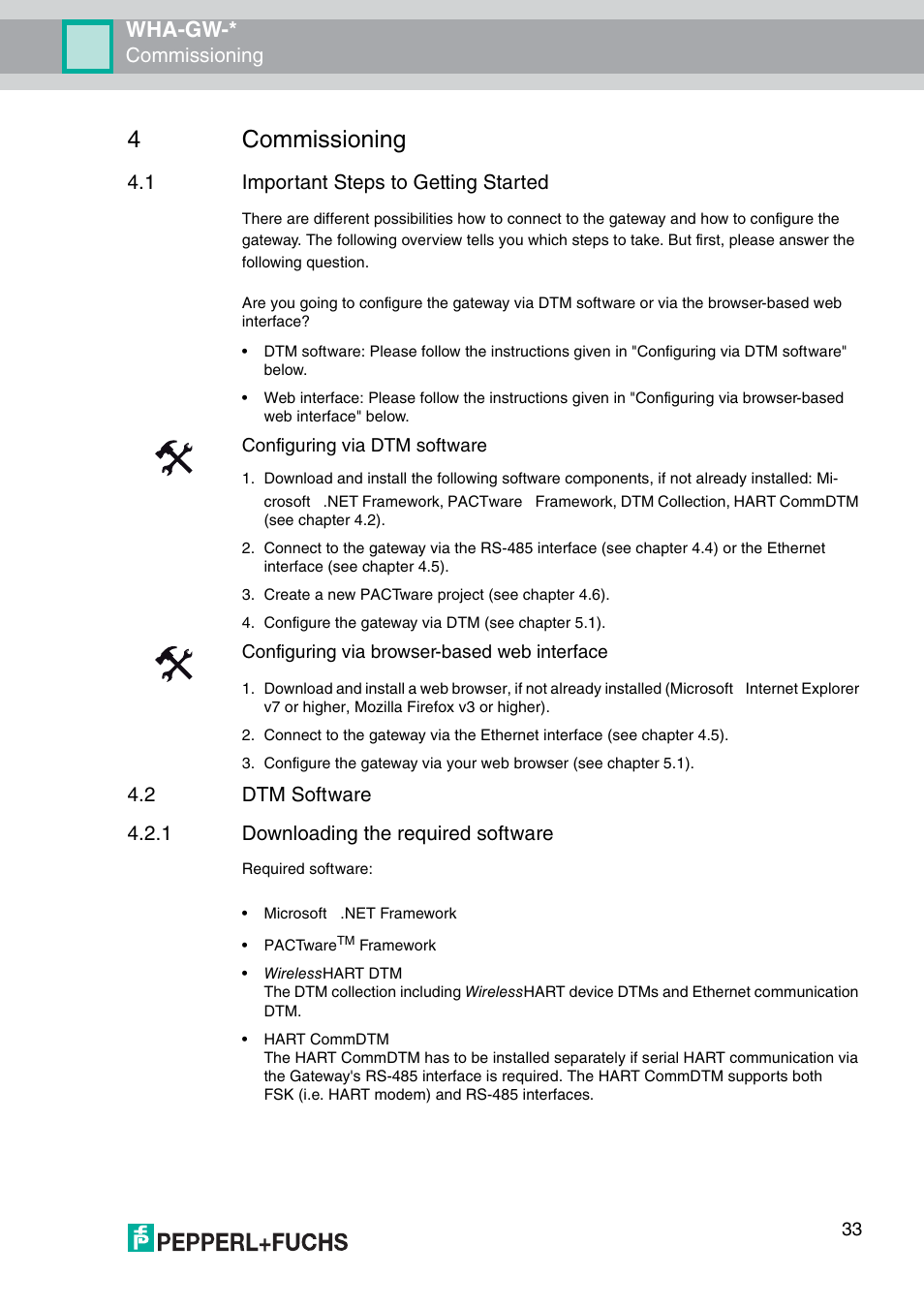 4 commissioning, 1 important steps to getting started, 2 dtm software | 4commissioning, Wha-gw, Commissioning | VEGA WHA-GW-WIRELESSHART GATEWAY User Manual | Page 33 / 96