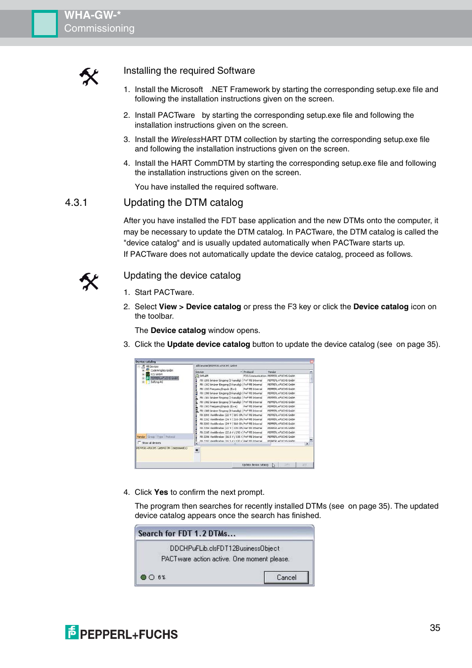 Wha-gw, Commissioning, 1 updating the dtm catalog | 35 installing the required software, Updating the device catalog | VEGA WHA-GW-WIRELESSHART GATEWAY User Manual | Page 35 / 96