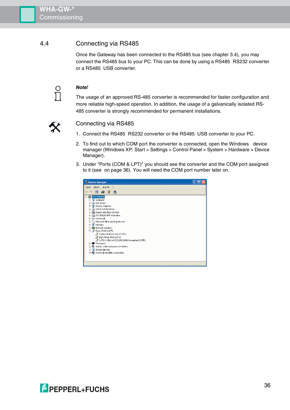 4 connecting via rs485, R 4.4), Wha-gw | Commissioning, Connecting via rs485 | VEGA WHA-GW-WIRELESSHART GATEWAY User Manual | Page 36 / 96