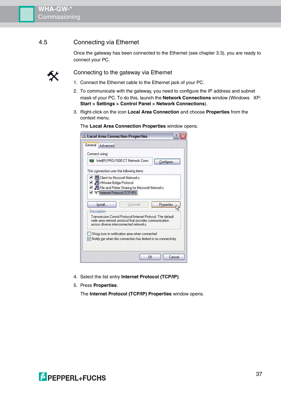5 connecting via ethernet, Wha-gw, Commissioning | Connecting to the gateway via ethernet | VEGA WHA-GW-WIRELESSHART GATEWAY User Manual | Page 37 / 96
