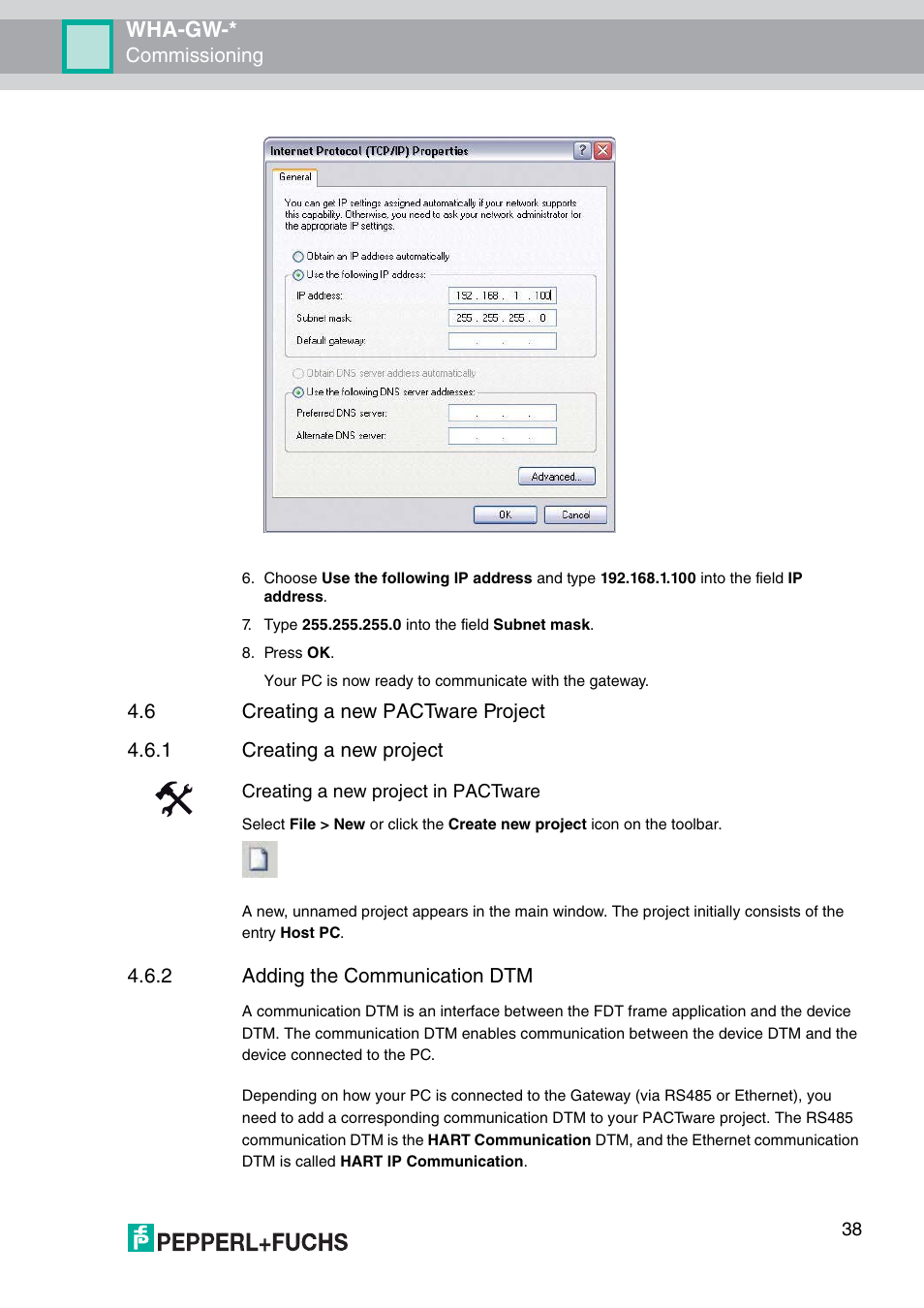 6 creating a new pactware project, Wha-gw, Commissioning | 2 adding the communication dtm | VEGA WHA-GW-WIRELESSHART GATEWAY User Manual | Page 38 / 96