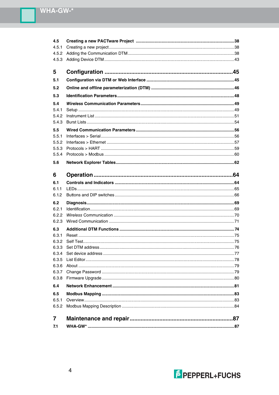 Wha-gw, 5configuration, 6operation | 7maintenance and repair | VEGA WHA-GW-WIRELESSHART GATEWAY User Manual | Page 4 / 96